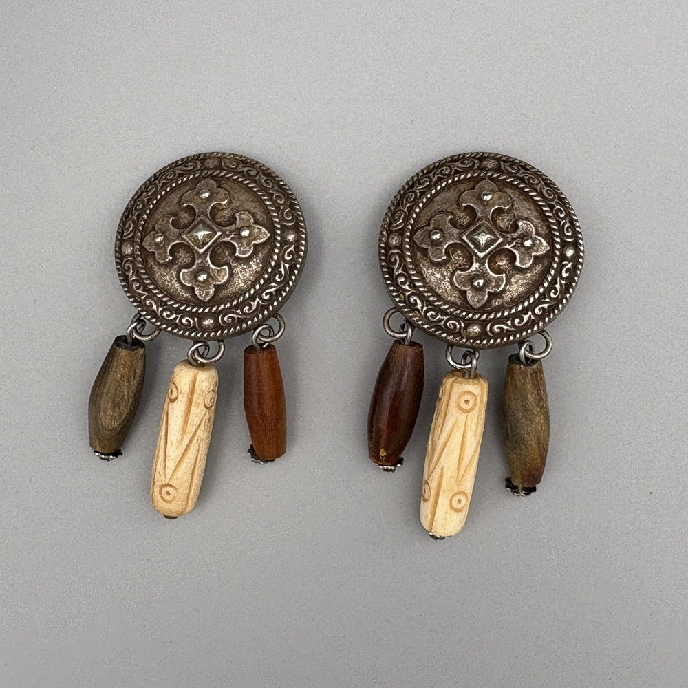Vintage Van Wyk Bijoux Earrings Clip Ons Brutalist Haute Couture Pewter Tone